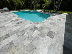 StoneHardscapes marina grey leathered marble pavers french pattern 12X24 pool deck